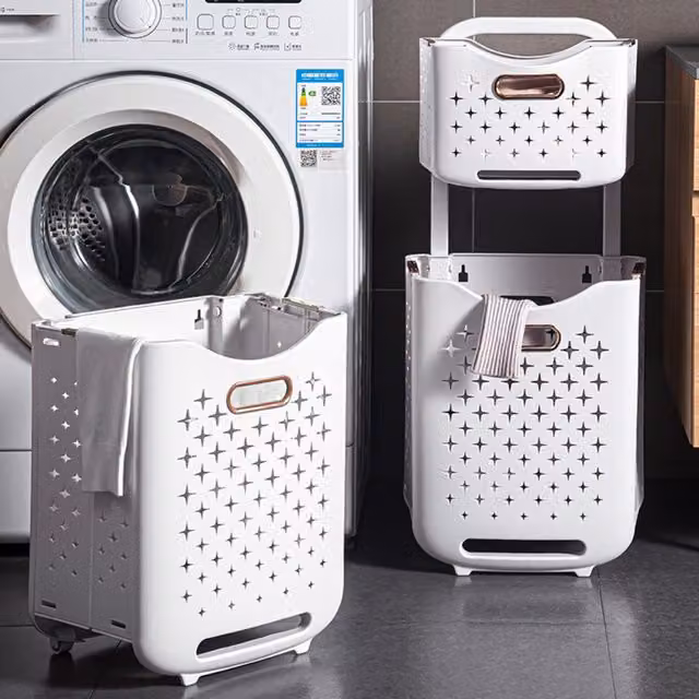 Livingandhome Foldable Multi-Layer Laundry Baskets with Wheels, White, Height: 76 cm