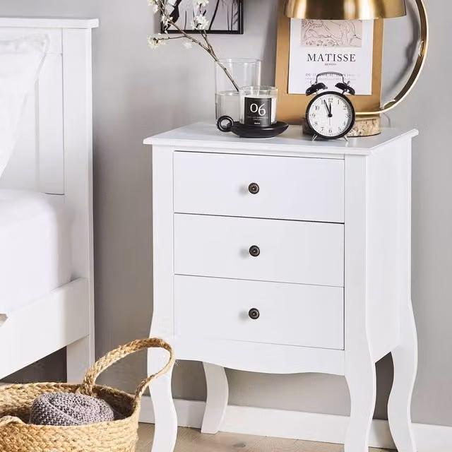 Wyld and Coco Scandi White MDF Bedside Table with Three Drawers and Cabriole Legs