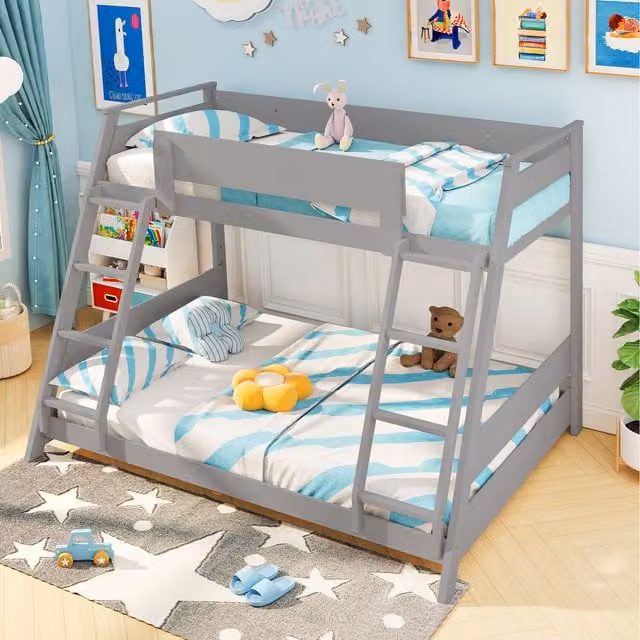 COSTWAY Modern Solid Wood Loft Bed Frame for Children in Grey
