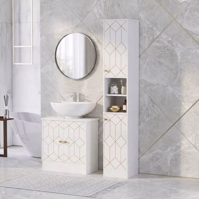 STILVORA Modern White and Gold Freestanding Bathroom Storage Cabinet with LED Lighting and Internal Shelves – 1