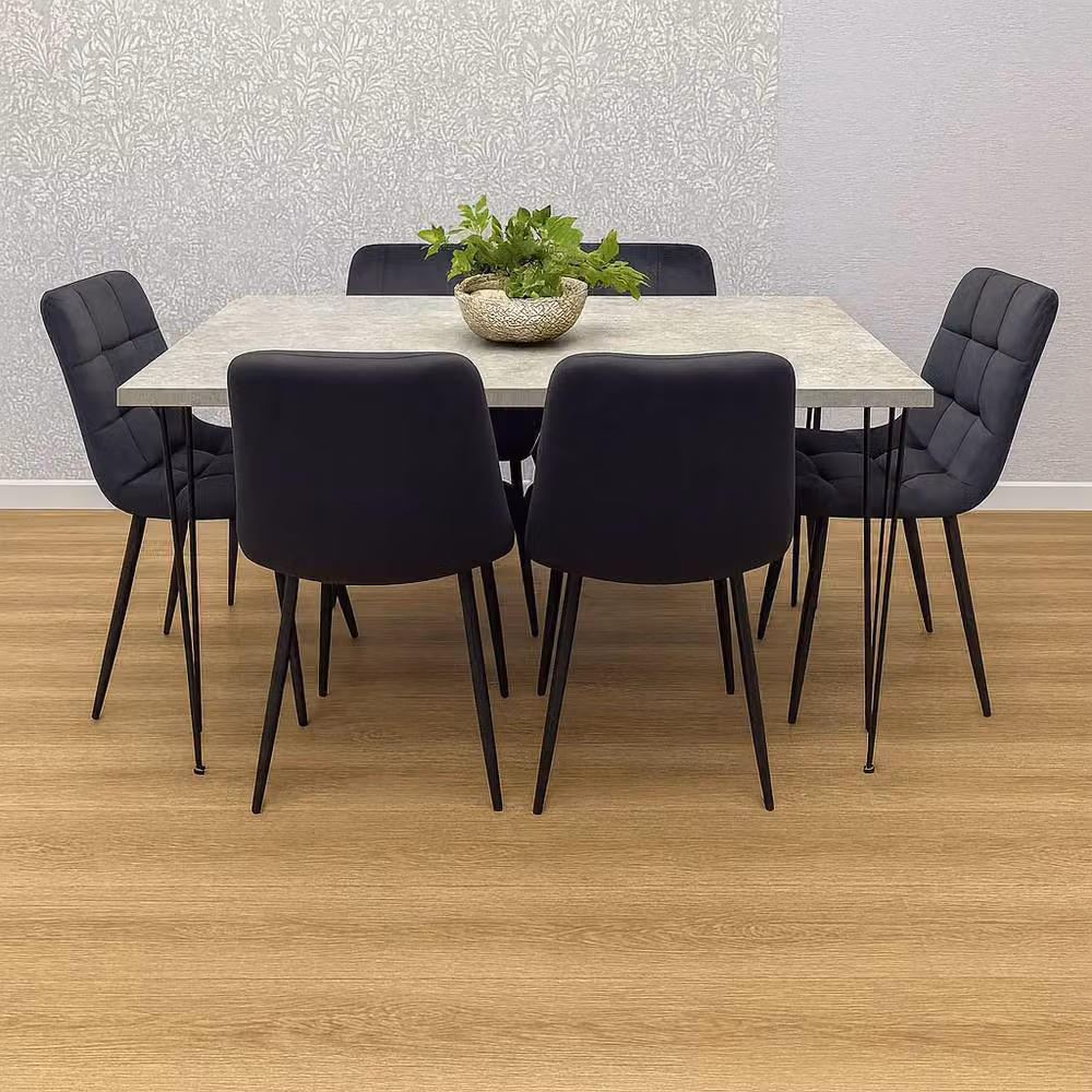 KOSY KOALA Modern Rectangular Dining Table Set with 6 Black Velvet Chairs in Brown and Grey – 2