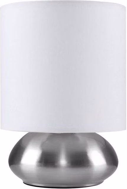 FORGEVIO Modern Dimmable Touch Bedside Table Lamp with Chrome Base and White Fabric Shade, H 41.5 x W 15 x D 15 cm