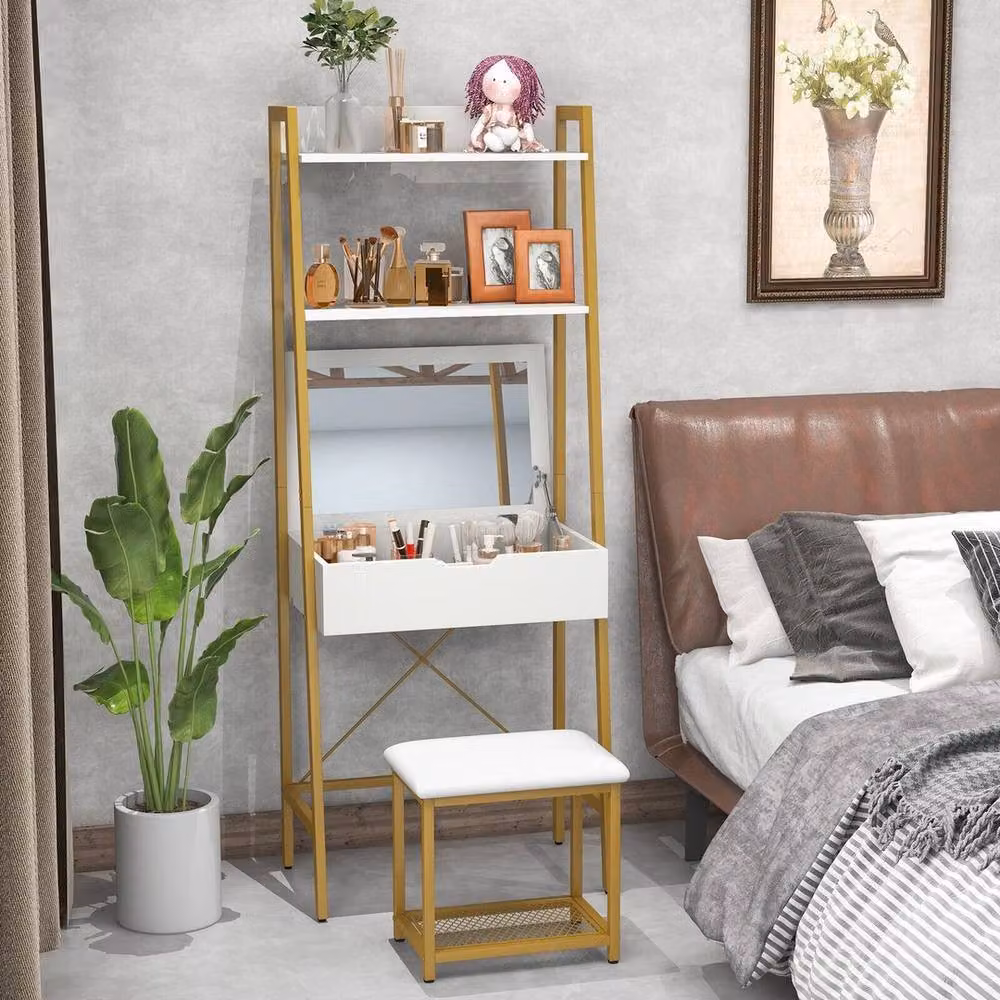 PAWNORA Modern White Makeup Dressing Desk with Shelves – 2
