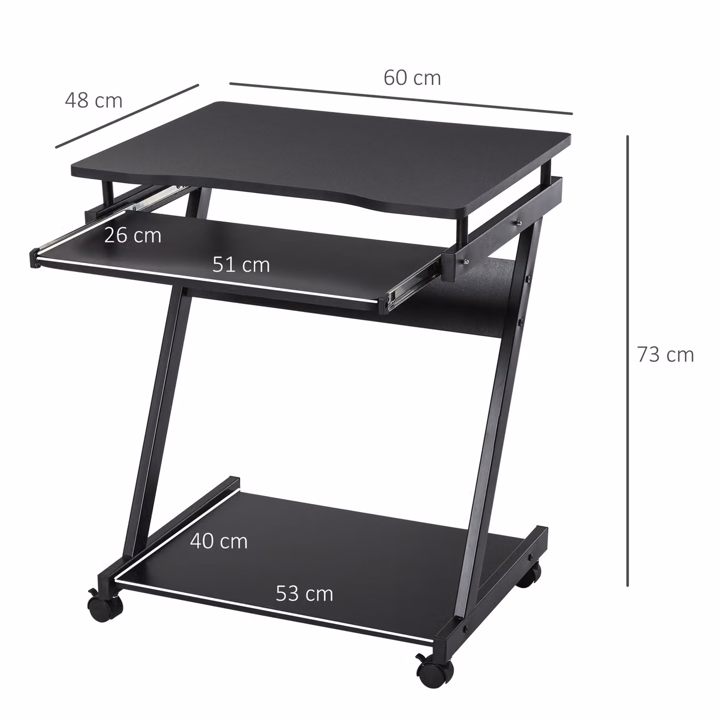 HOMCOM Compact Movable Computer Desk with Sliding Keyboard Tray and Castors, Black – 3
