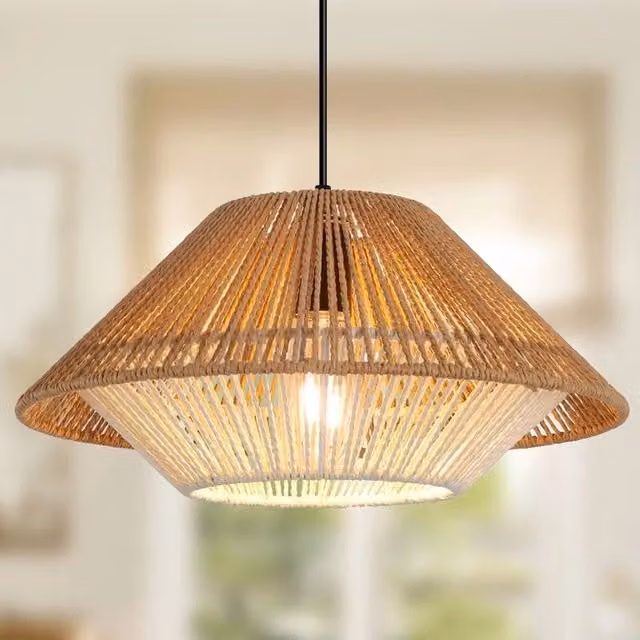 Garwarm Brown Rattan Farmhouse Cone Pendant Light with Adjustable Height and Dimmable Function