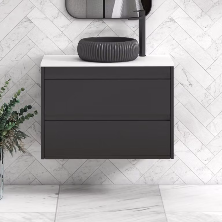 Royal Bathrooms Orion 800mm Wall Hung Vanity Unit with 2 Drawers, Matt Obsidian Black Finish and Milan Black Basin with Black Accent Trim