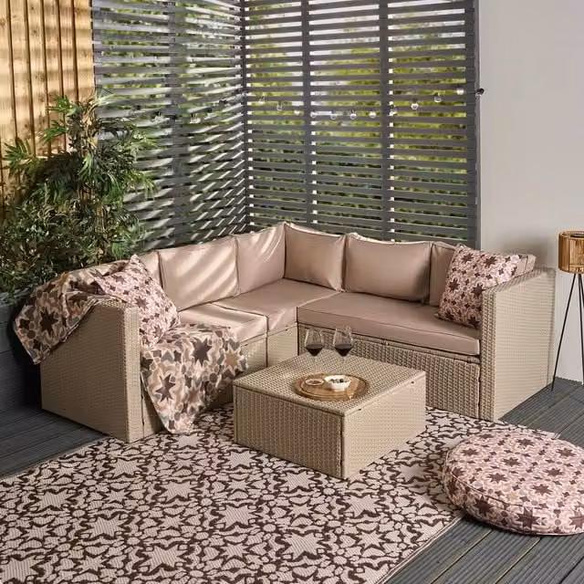 OHS Tuscany 5 Seater L-Shape Rattan Garden Sofa Set with Coffee Table in Natural Sand – 1