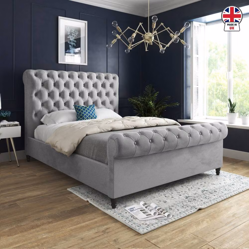 KDMD Tittleshall Sleigh Upholstered Designer Bed Frame in Grey Soft Velvet, Size: Double (140 x 200 cm) – 3