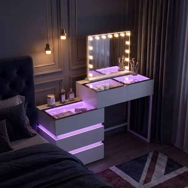 FENCHILIN 5-Drawer Dressing Table with 15 LED Hollywood Mirror and RGB Lighting, White – 1