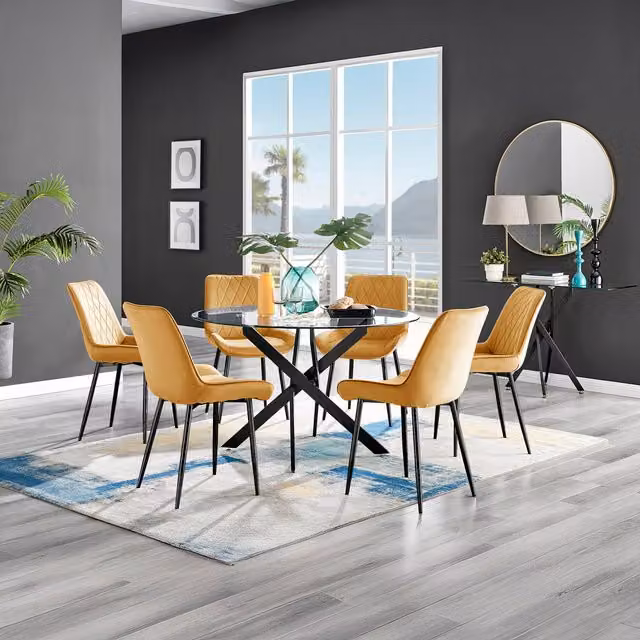 FurnitureboxUK Novara Round Glass Dining Table with 6 Pesaro Mustard Chairs
