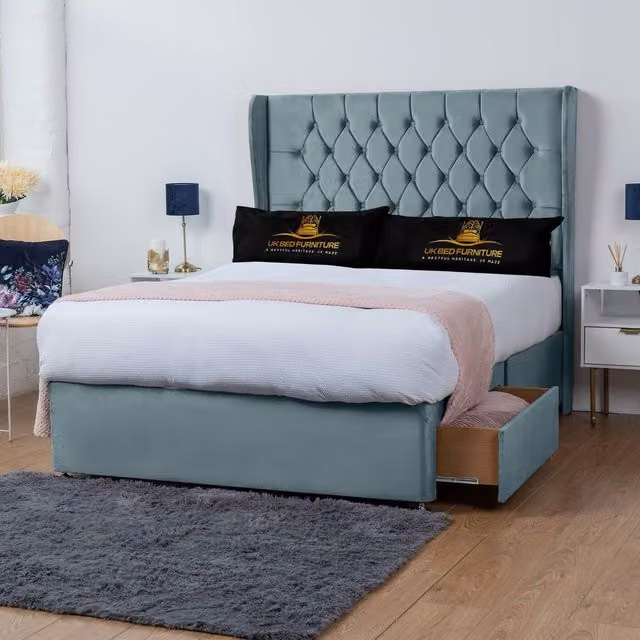 UK Bed Furniture Mary Wingback Divan Bed with 2 Drawers and 54 Inch Headboard in Light Blue Velvet, Super King, W/D/H: 200 x 167.66 x 137.16 cm