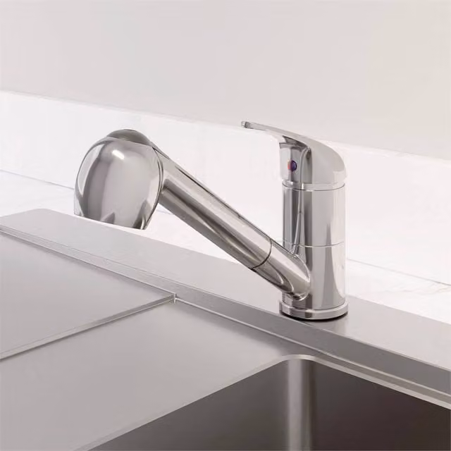 Nordara Modern Mono Kitchen Mixer Tap with Pull Out Spray and Single Lever in Chrome Silver