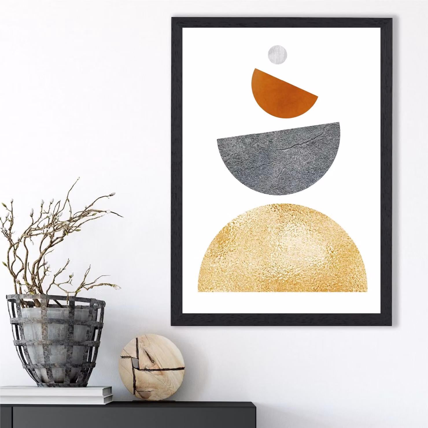 ARTZE Mid Century Geometric Framed Print with Orange, Yellow and Grey Abstract Semi Circles in a Black Frame, A3 – 2