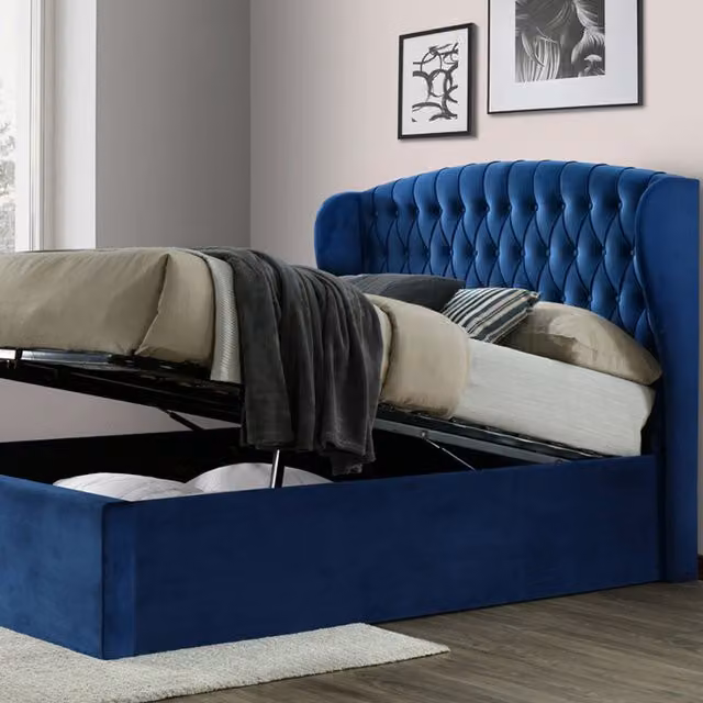 Bedmaster Blue Velvet Chesterfield Ottoman Bed with Lift Up Base, W: 140 cm, L: 200 cm