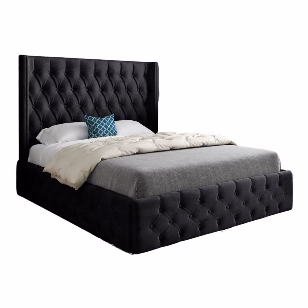 KDMD Winchcombe Winged Upholstered Designer Bed Frame in Black Soft Velvet, W/D/H: 137.0 x 120 x 83.0 cm – 2