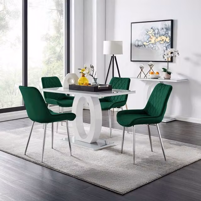 FurnitureboxUK Giovani Grey Glass Dining Table and 4 Green Pesaro Silver Leg Chairs
