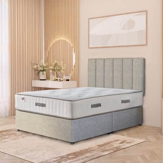 Somnior Beds Ltd Austin Linen Fabric Storage Divan Bed with Hybrid Orthopaedic Mattress and 32 inch Headboard, Green, W/D/H: 200 x 200 cm