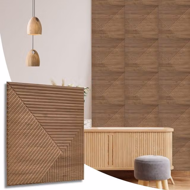 NOVECRAFTO Brown Wood Look 3D PVC Wall Panels with Matte Chevron Design, W: 50 cm x H: 50 cm