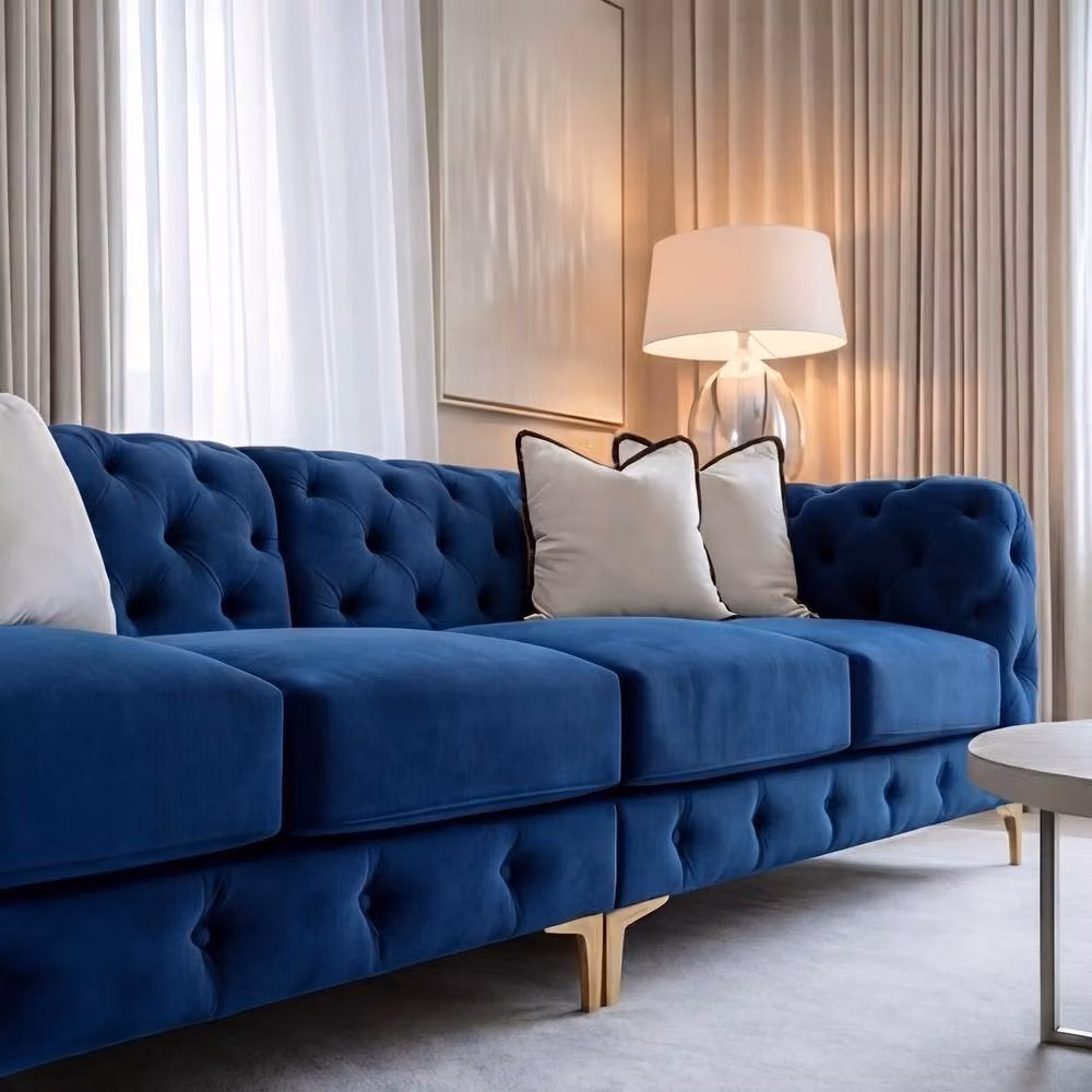 Sofaya Monaco Chesterfield 4 Seater L-Shape Velvet Sofa in Blue with Scatter Cushions – 3