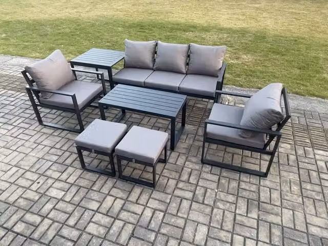 Fimous 7 Seater Aluminium Outdoor Furniture Set in Dark Grey with 3 Seater Sofa, Coffee Table, 2 Armchairs, 2 Footstools and Side Table