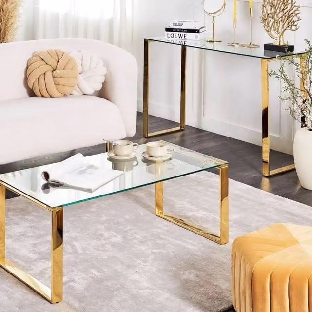 Wyld Haus Glam Modern Rectangular Coffee Table with Transparent Tempered Glass Top and Gold Stainless Steel Frame