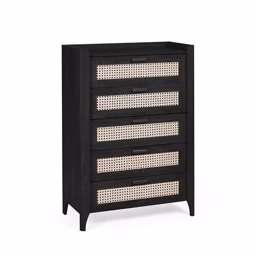 Julian Bowen Sydney 5 Drawer Chest of Drawers in Black with Rattan Detail, H: 114 cm, W: 80 cm, D: 41 cm – 1