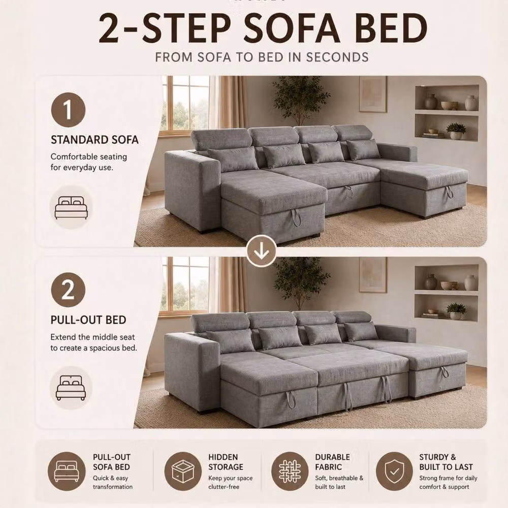 Sofaya Chelsea U-Shape Convertible Sofa Bed with Hidden Storage in Black Fabric – 2
