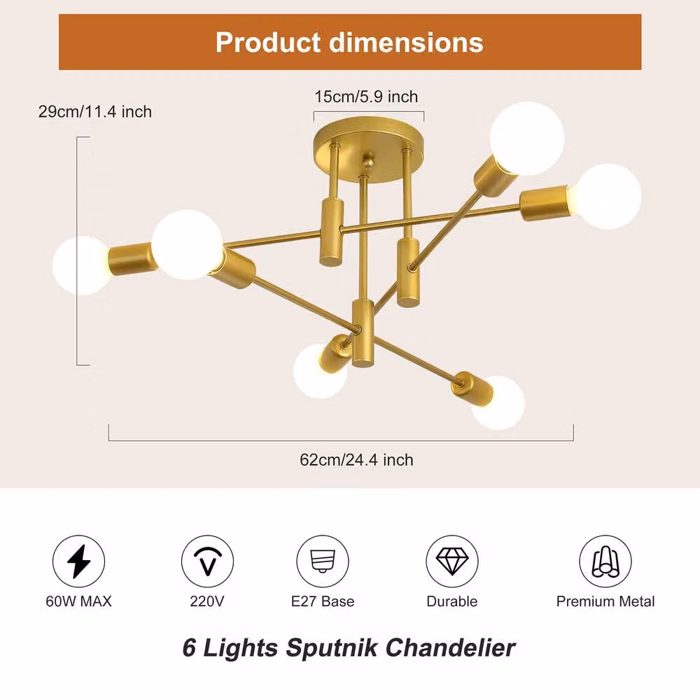NIVOR 6-Light Industrial Mid Century Flush Mount Ceiling Chandelier in Gold/Brass with E27 Base – 2