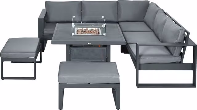 Outsunny 6-Piece Grey Powder Coated Aluminium Garden Furniture Set with L-Shape Corner Sofa, 2-Seater Sofa, Ottoman and Fire Pit Coffee Table – 1