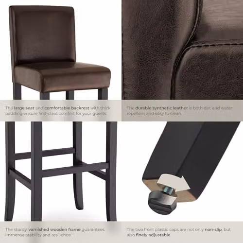 tectake Set of 4 Modern Bar Stools with Synthetic Leather and Glossy Wood Legs in Brown and Black – 8