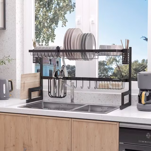 HOMCOM 2 Tier Over The Sink Dish Drainer Rack, Black, W: 93 cm, D: 30 cm, H: 30 cm