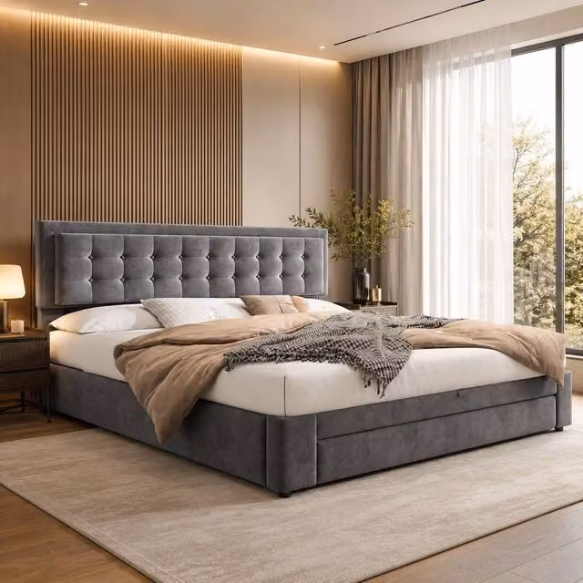 STILVORA Super King Upholstered Bed with Lift Up Storage, Grey Velvet, 200 x 200 cm