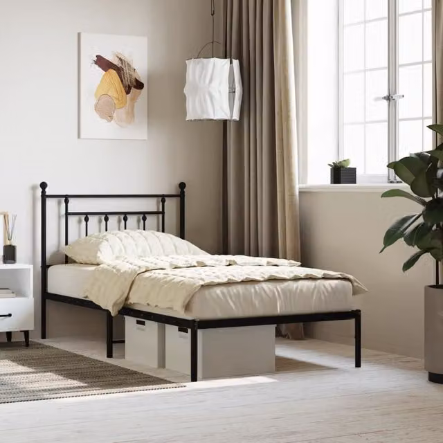 Berkfield Home Metal Bed Frame with Headboard in Black, W: 100 cm, L: 190 cm – 1