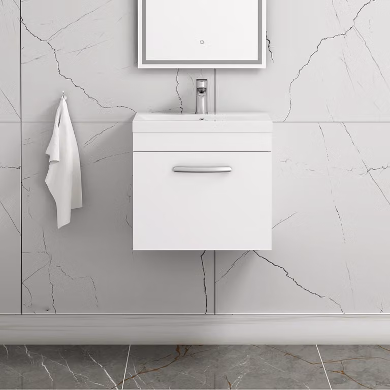 Royal Bathrooms Turin Wall Mounted Bathroom Vanity Unit with Soft Close Doors and Internal Drawers, White Glossy