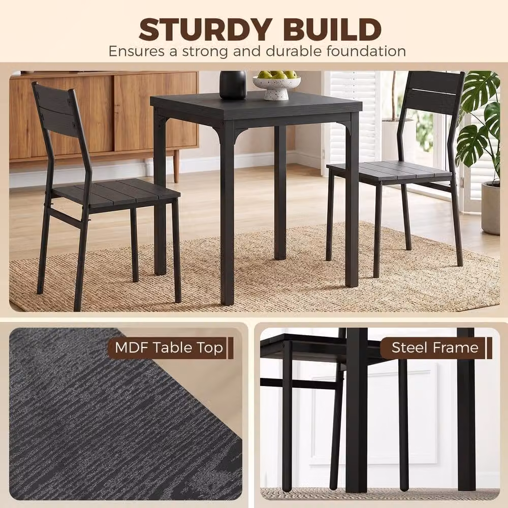 STILVORA Industrial Square Dining Table Set with 2 Chairs in Black – 7