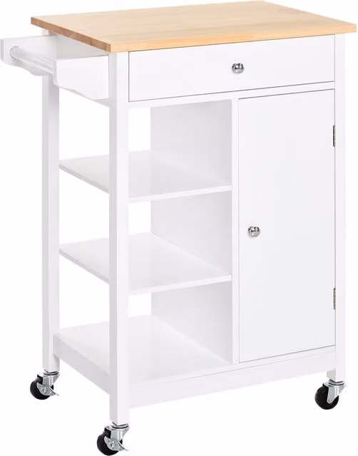 HOMCOM Kitchen Storage Trolley Cart with Wood Top, Shelves and Drawer in White