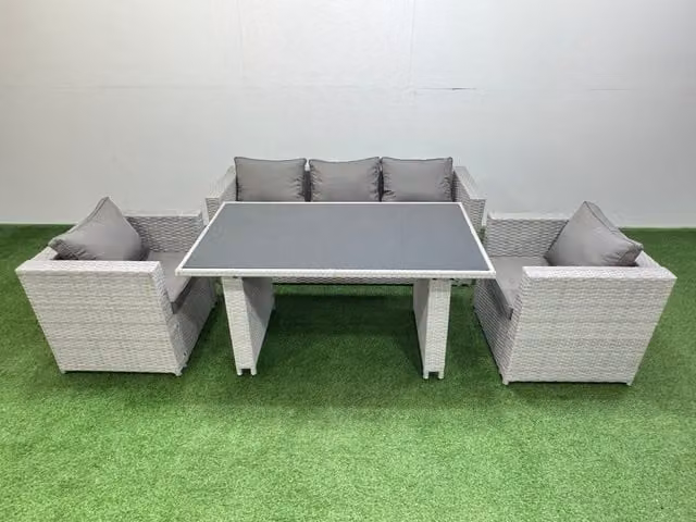 Fimous Modern Polyrattan Garden Furniture Set with Light Grey Cushions and Glass Dining Table