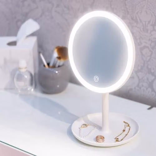ValueLights 8 Inch White LED Makeup Vanity Mirror with Trinket Tray and Built-in Bluetooth Speaker