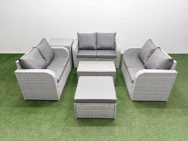Fimous 7 Seater PE Wicker Rattan Garden Furniture Set in Light Grey with Rectangular Coffee Table, 2 Seater Love Sofa, Big Footstool and Side Table