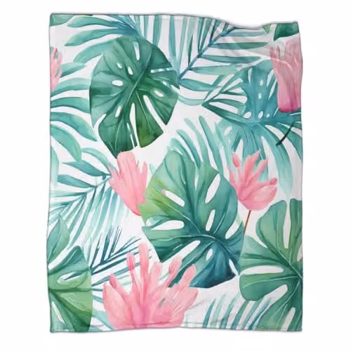 OTBSDNKZZ Tropical Leaves Microfibre Bed Throw, Multicolour Botanical Watercolor Design, W 100 cm x D 130 cm – 2