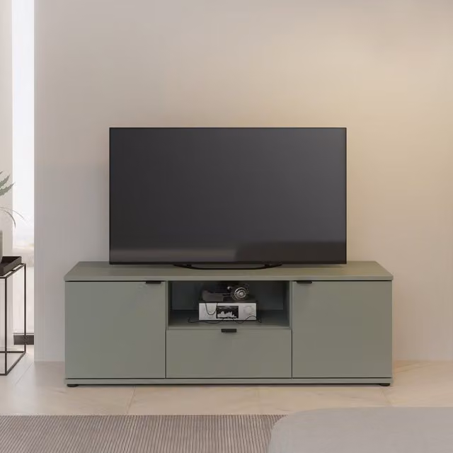 Furniture To Go Ganymede Wide TV Unit with Open Shelf, Drawer and 2 Doors in Sage Green