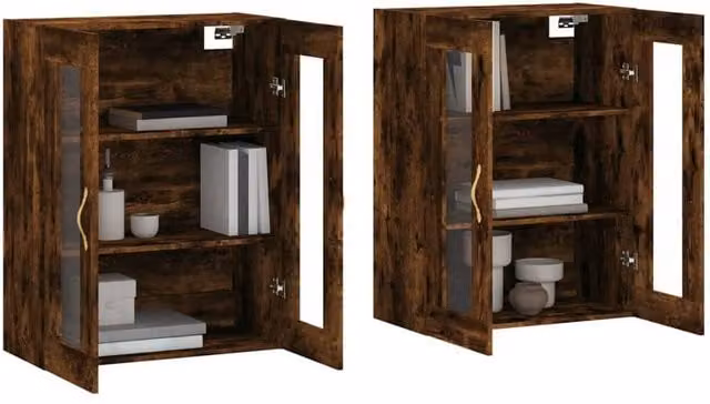 Berkfield Home Wall Mounted Cabinets with Glass Doors, 2 Pack, Smoked Oak Brown, W/D/H: 90.0 x 34.0 x 69.5 cm
