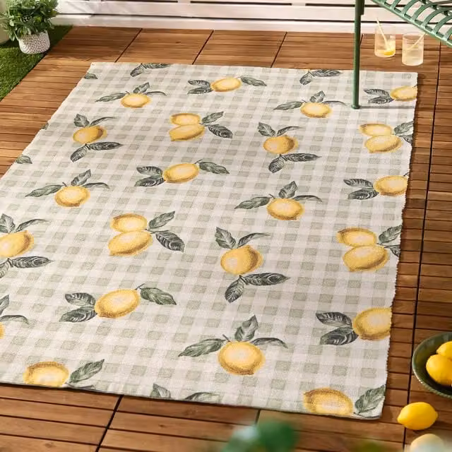 Furn Fruits Lemons Striped Outdoor Rug in Sage Green and Multicolour, W: 120 cm, L: 170 cm