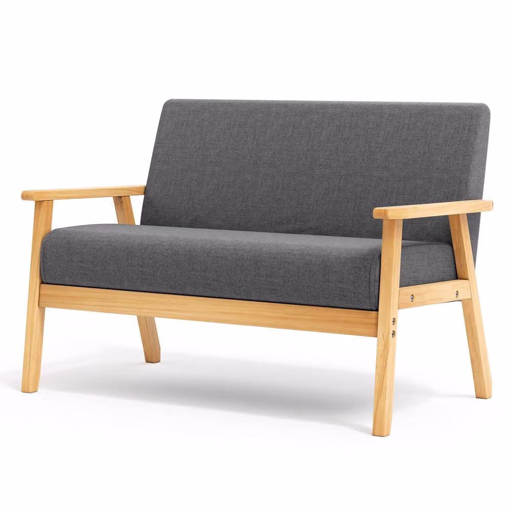Dprodo 2 Seater Mid-Century Linen Fabric Sofa with Solid Wood Frame in Grey, W/D/H: 140 x 76 x 76 cm – 2