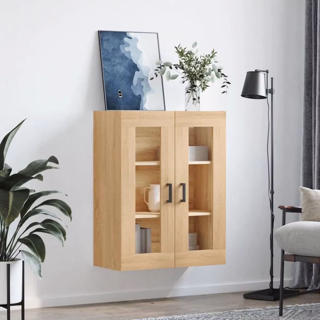 Berkfield Home Wall Mounted Sonoma Oak Cabinet with Glass Doors in Brown, W: 69.5 cm, D: 34 cm, H: 90 cm – 3