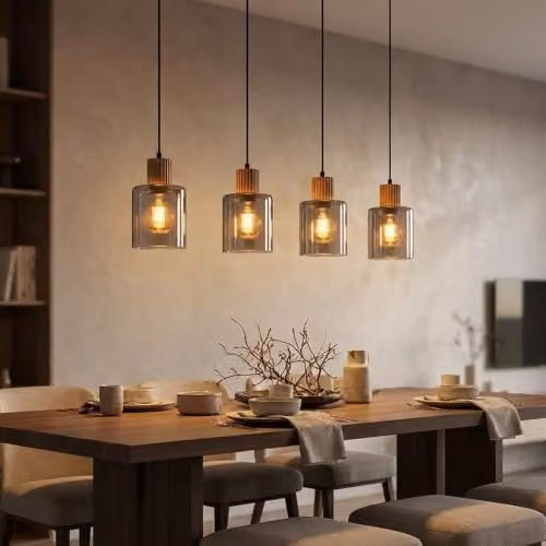 Netlighting Aleidis Industrial Pendant Light with Brown Wood and Black Metal in Black and Brown with Transparent Glass Spheres, 4x E27, Height: 120 cm – 3