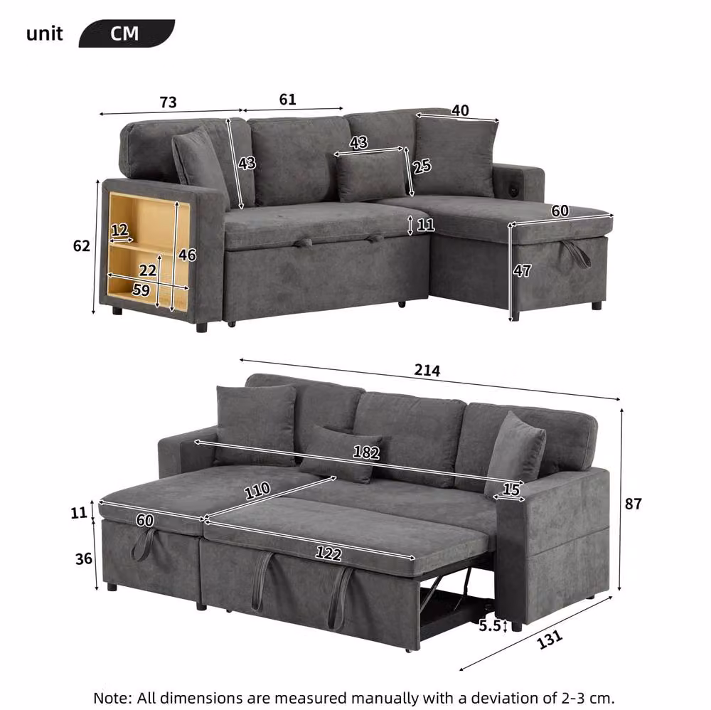 STILVORA 3 Seater Reversible Fabric Sofa Bed with USB Charging and Storage in Grey – 4