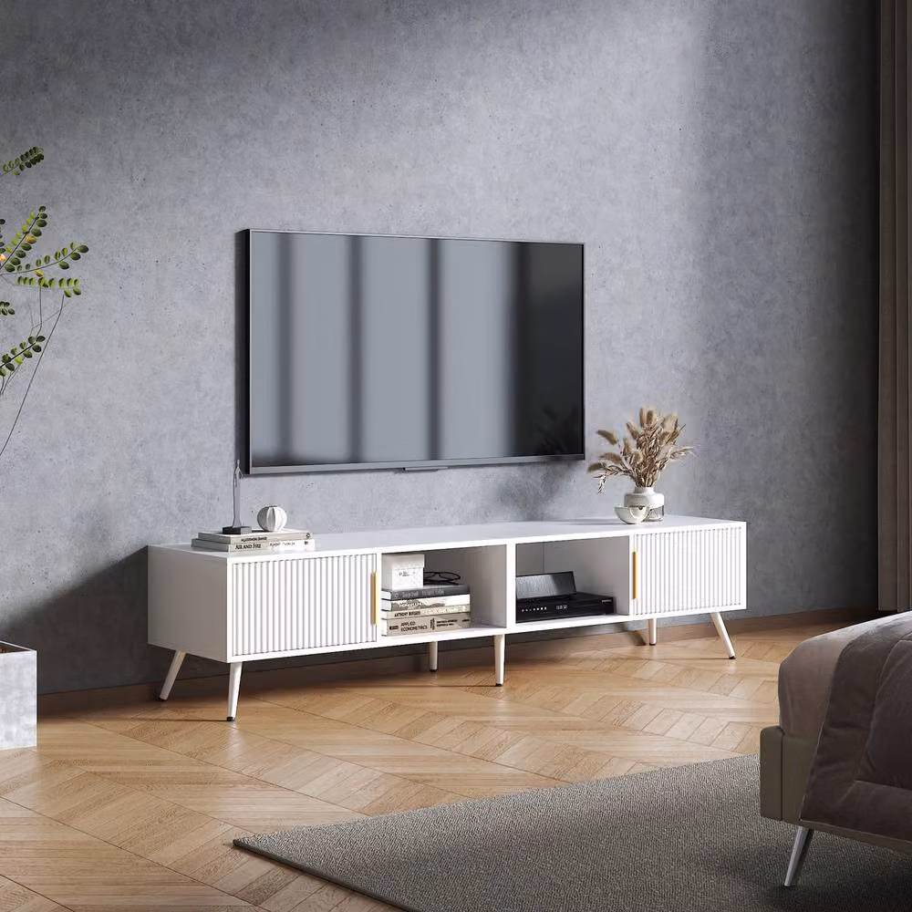 KEEPREAPER Modern Fluted TV Stand in White with Storage for TVs up to 75 Inch – 2