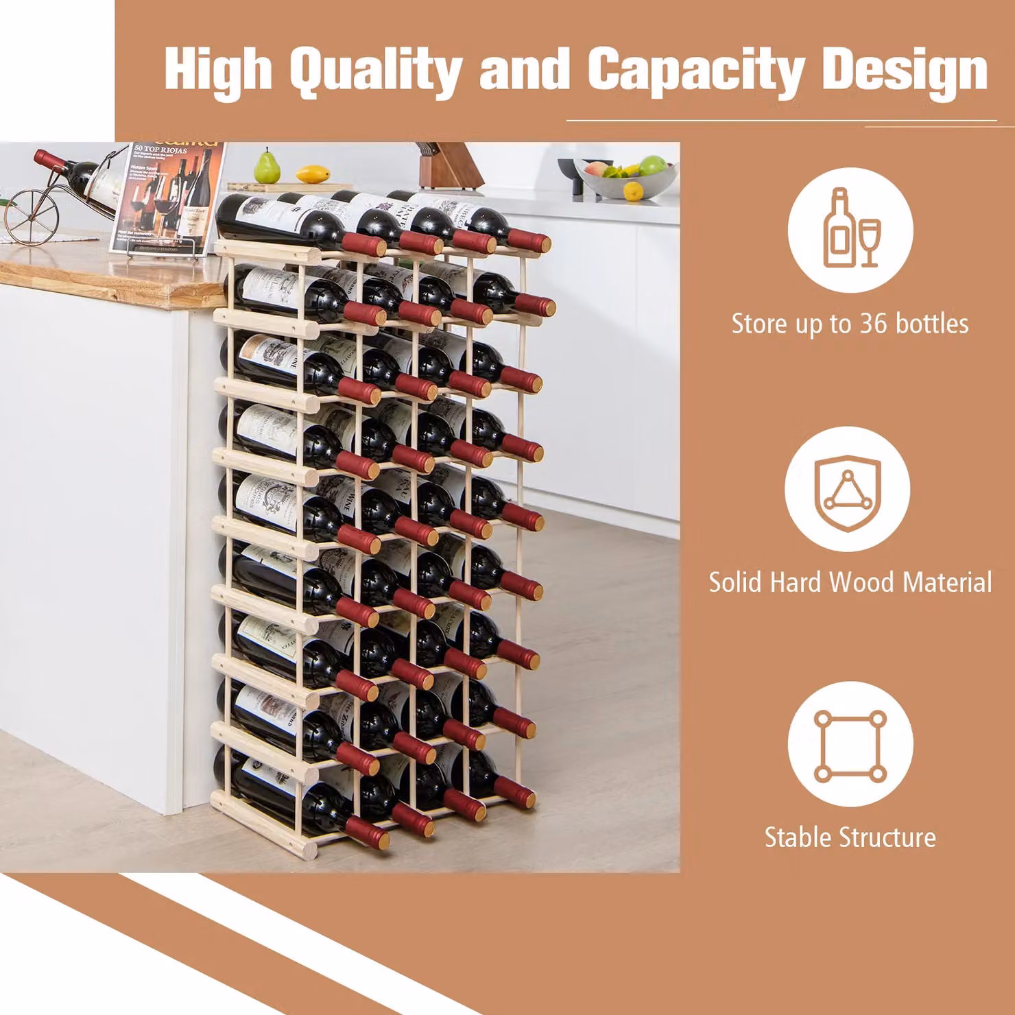 Costway Natural Wooden 36 Bottle Freestanding Modular Wine Rack and Storage Shelf – 4