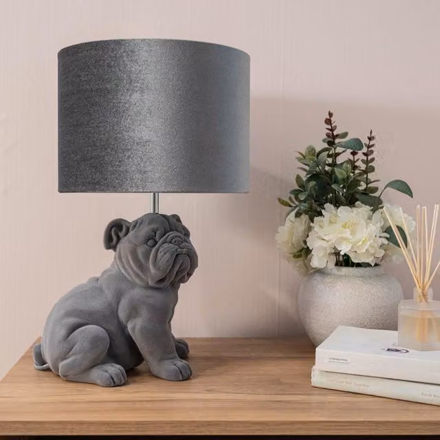 ValueLights Billy Grey Velvet Bulldog Table Lamp